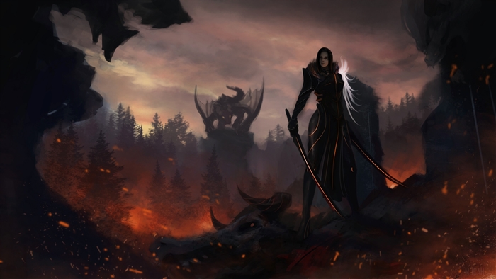 Woman with swords and dragons in a fiery forest