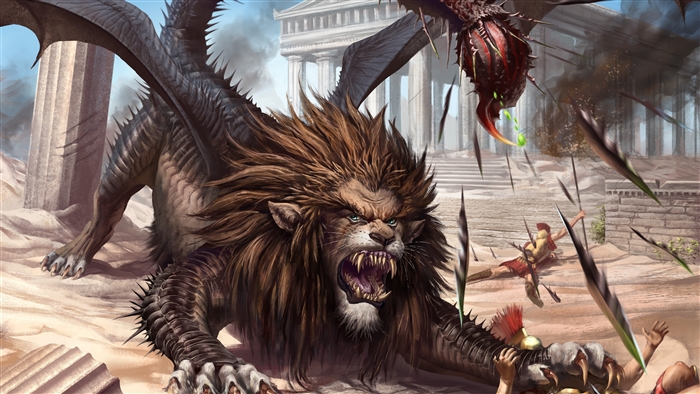 Manticore attacking soldiers in ancient ruins 4K