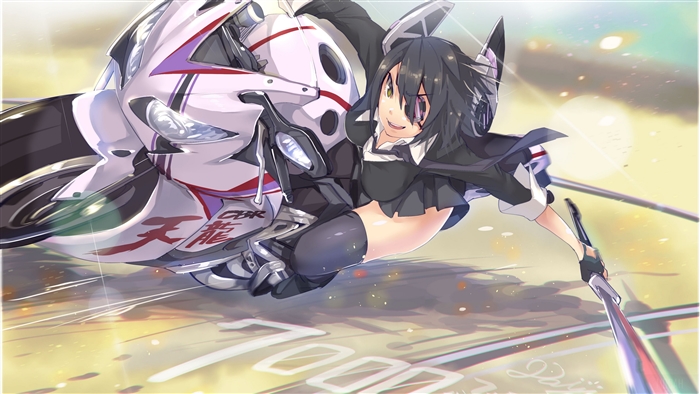 Tenryuu from Kantai Collection on a motorcycle