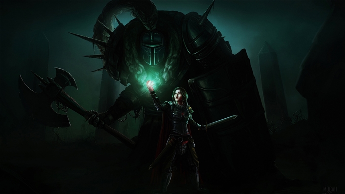 Woman casting magic before a giant armored figure with an axe