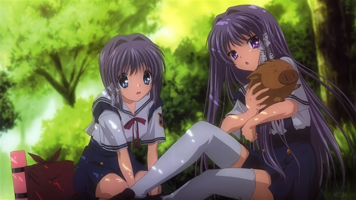 Kyou and Ryou Fujibayashi from Clannad with a boar toy