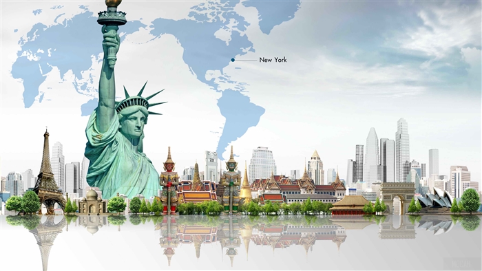World landmarks and city skylines with world map