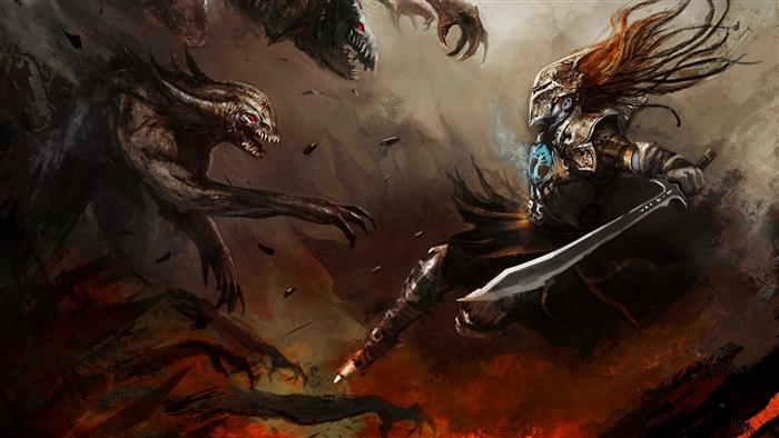 Warrior fighting monsters