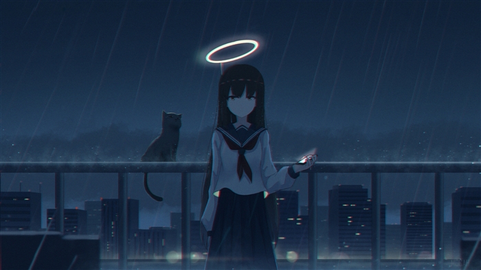 Girl with Halo and Cat in the Rain 4K