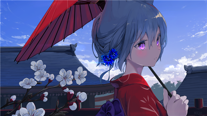 Girl in Kimono with Umbrella and Flowers 4K