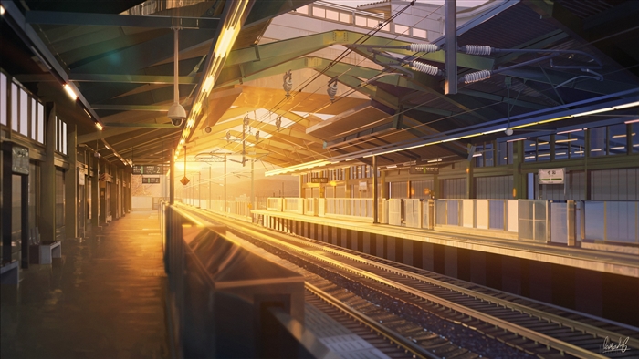 Train station platform at sunset 4K