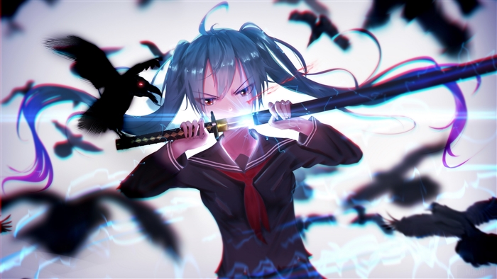 Hatsune Miku with Katana and Crows 4K