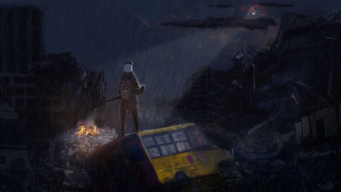 Girl with backpack and sword in ruined city