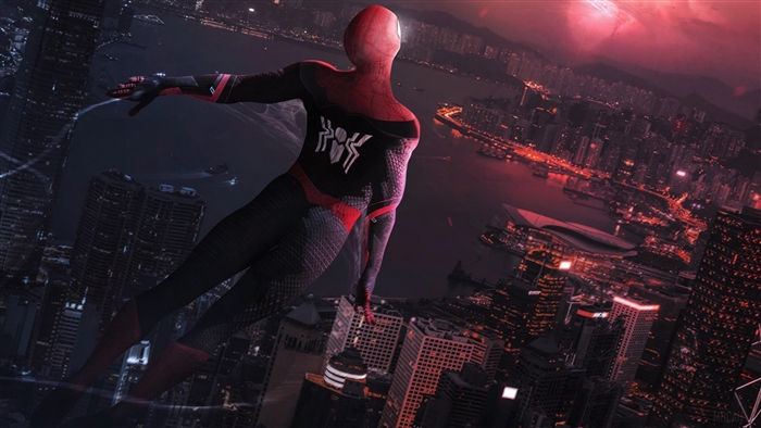 Spider-Man flying over a city at night 4K