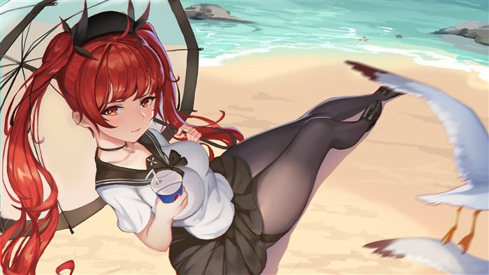 Red-Haired Girl with Umbrella on Honolulu Beach 4K