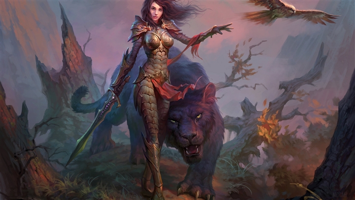 Woman warrior with sword and panther, eagle flies above