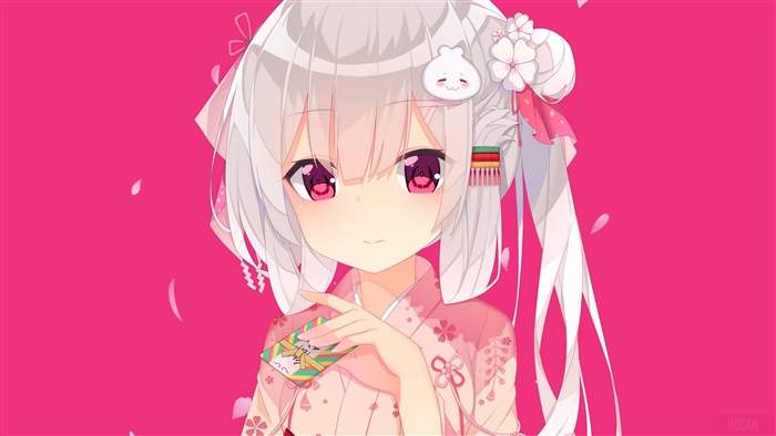 Anime girl in kimono with flower hair accessory