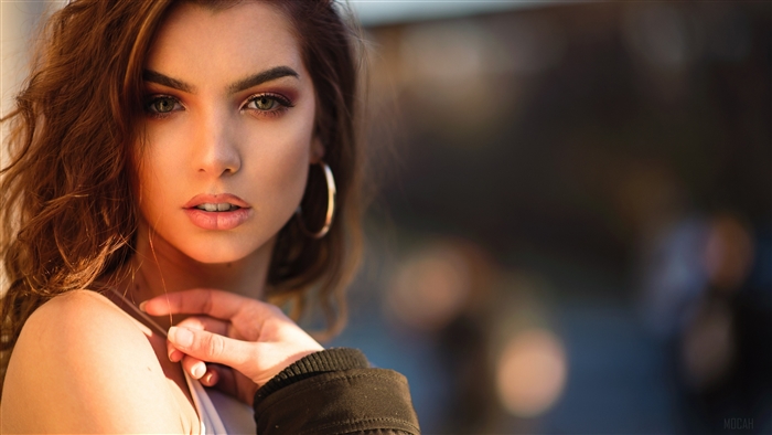 Brunette Woman with Hoop Earrings, Depth of Field 4K