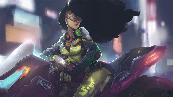 Futuristic Woman with Black Hair on a Motorcycle