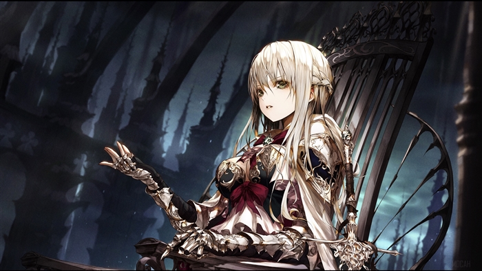 Anime girl in ornate armor sitting on a throne