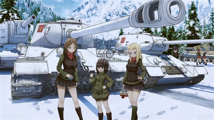 Girls und Panzer characters with tanks in snow