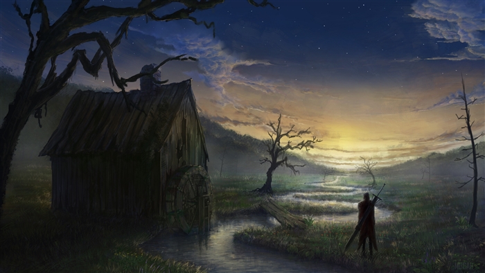 Warrior with Sword near Watermill at Dusk Landscape 4K
