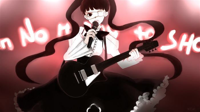 Girl with guitar and microphone on stage