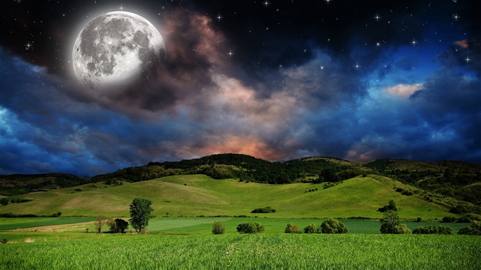 Starry Night Sky Over Rolling Green Hills