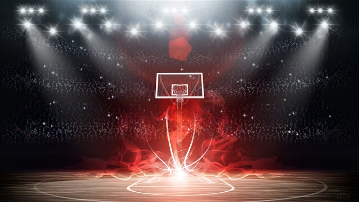 Basketball court with stadium lights and red smoke