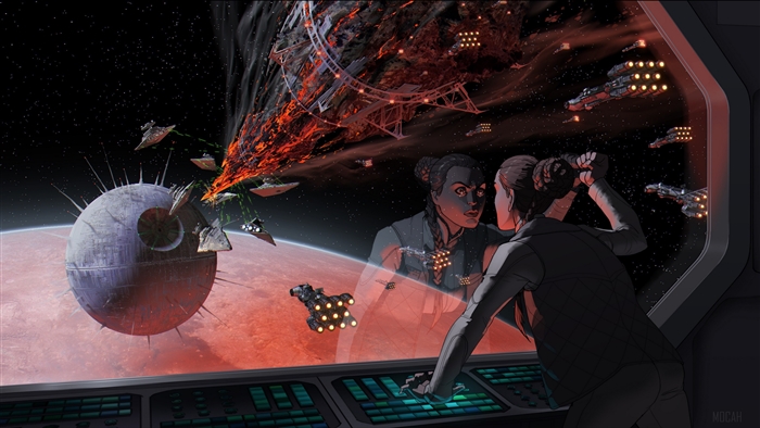 Princess Leia from Star Wars observing the Death Star's destruction