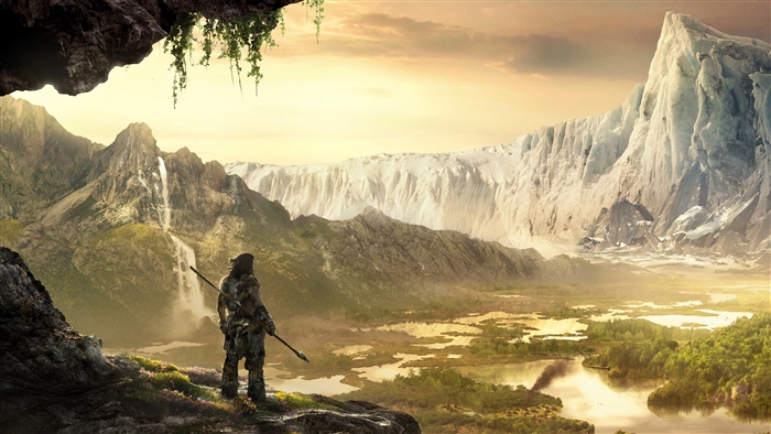 Caveman overlooking a glacial valley