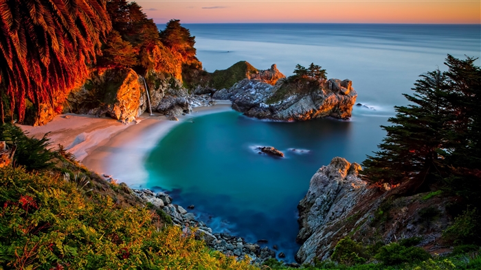 California Coastline with Waterfall and Rocky Beach 4K