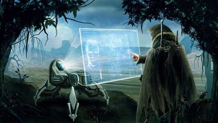 Warrior interacting with hologram and robot in a desolate landscape 4K