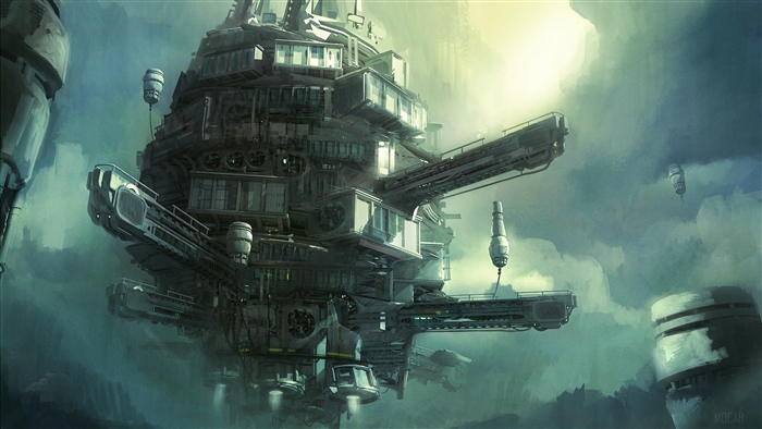 Futuristic floating city in the clouds 4K