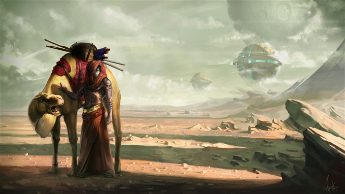 Man and camel in desert with sci-fi ships 4K