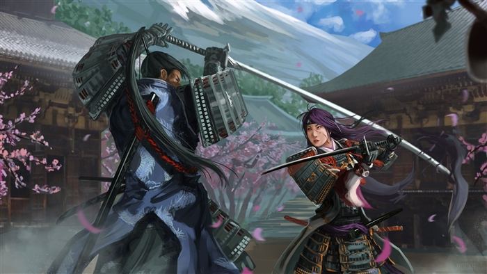 Samurai warriors in a fight with katanas