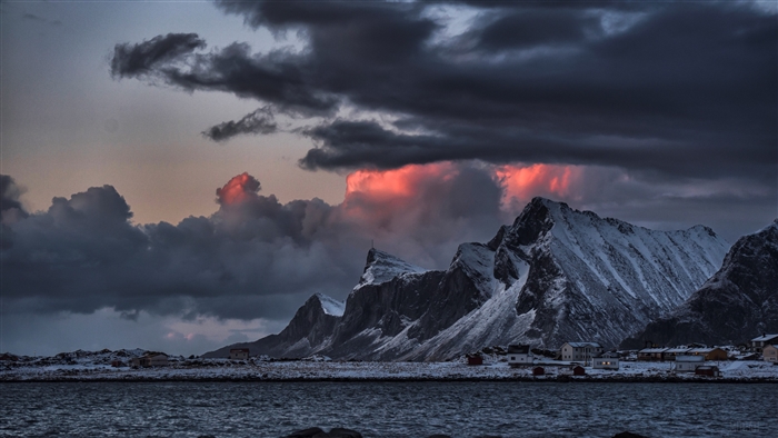Snowy Mountains and Sea at Lofoten Islands Norway 4K