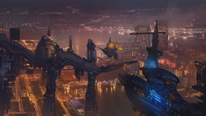 Futuristic city with flying vehicles at night