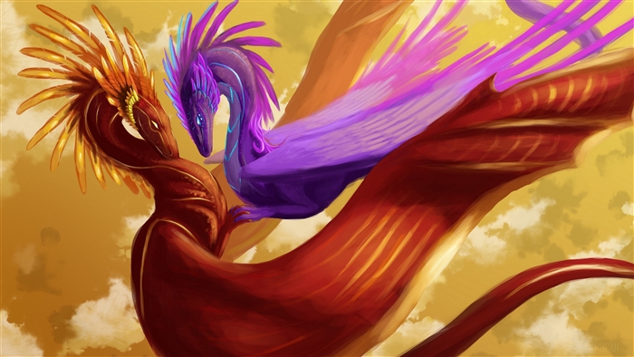 Two dragons, one red and one purple, flying