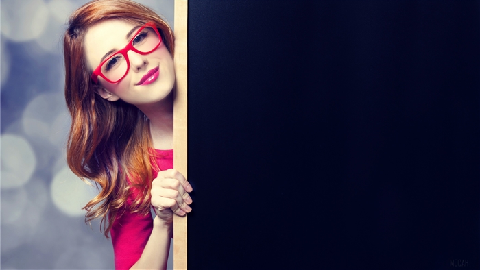 Smiling Redhead Woman with Red Glasses and Blackboard 4k