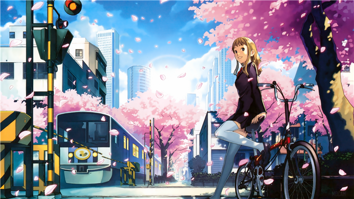 Girl with bicycle near train tracks during cherry blossom season