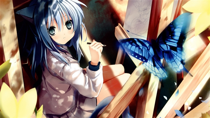 Anime girl with blue hair and cat ears drawing
