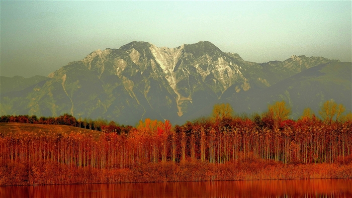 Mountain range with autumn trees and lake
