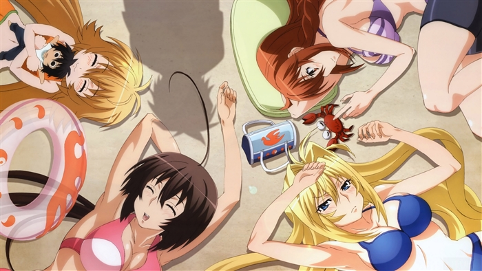 Four anime girls in bikinis on a beach