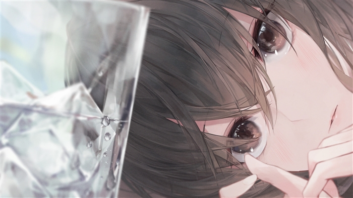 Girl with Brown Eyes and Hair by Glass of Water 4K