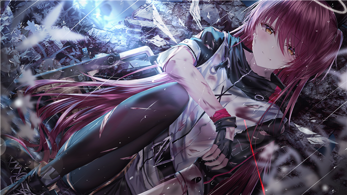 Girl with pink hair and halo holding a rifle
