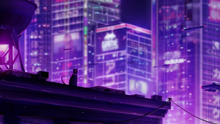Black cat on a rooftop in a neon city