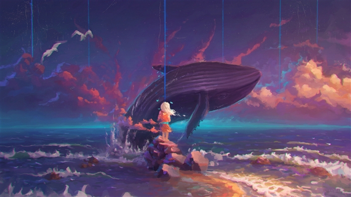 Girl and Whale in Ocean 4K