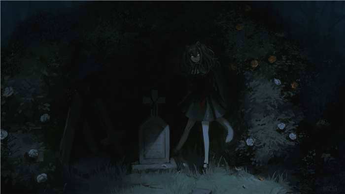 Anime girl with cat ears and tail in a graveyard