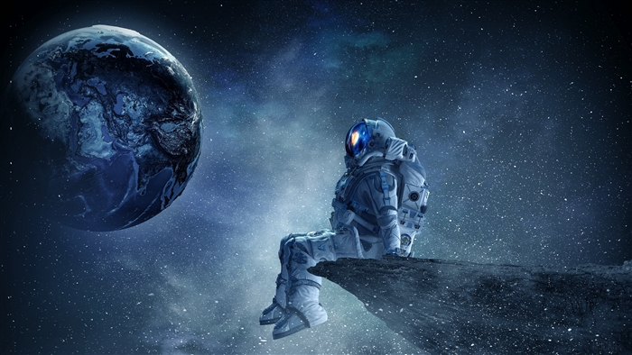 Astronaut Sitting on Edge in Space with Earth View 4K