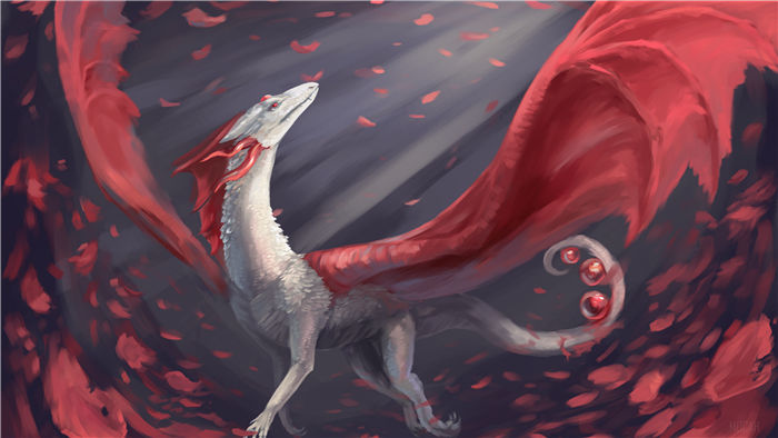 Dragon with red wings and rose petals