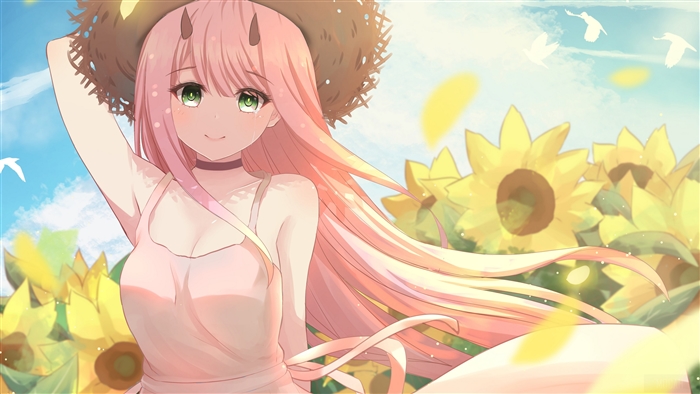 Zero Two from Darling in the Franxx in a sunflower field