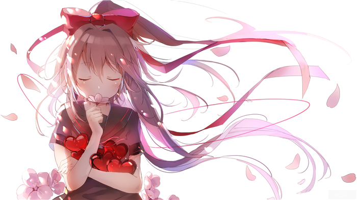 Anime girl with brown hair and red bow holding hearts