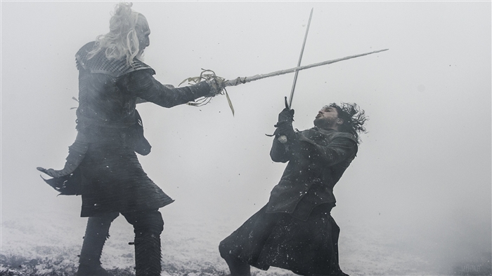 Jon Snow fighting a White Walker in the snow