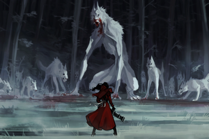 Red Riding Hood with Minigun faces giant wolf and wolves 4K